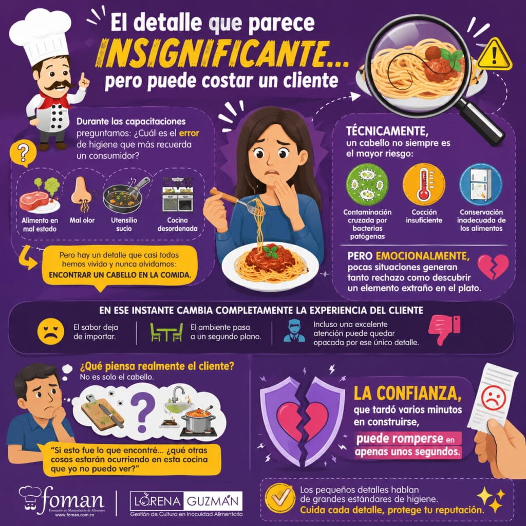 Infografía sobre cómo encontrar un cabello en la comida puede afectar la confianza del cliente y la reputación de un negocio de alimentos