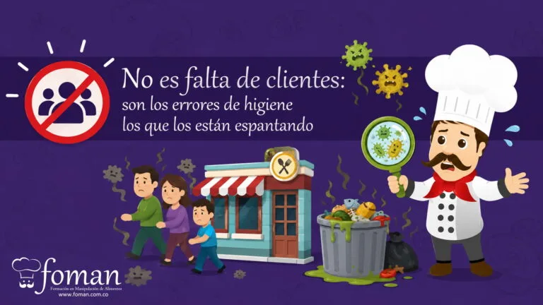 Ilustración sobre cómo los errores de higiene en un negocio de alimentos pueden alejar a los clientes y afectar la reputación del establecimiento.