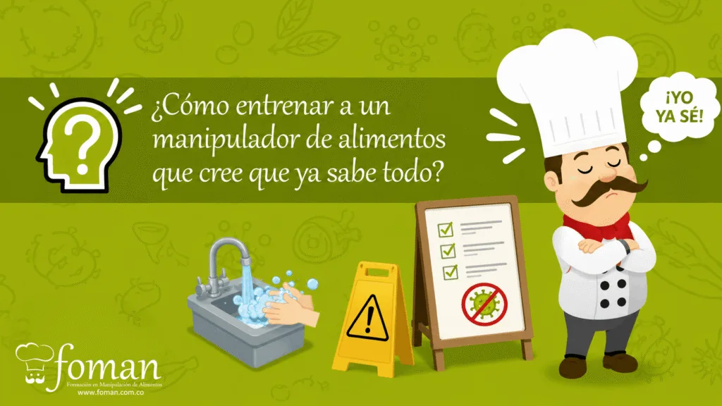Ilustración sobre cómo entrenar a un manipulador de alimentos que cree que ya sabe todo, con elementos de capacitación e inocuidad alimentaria.