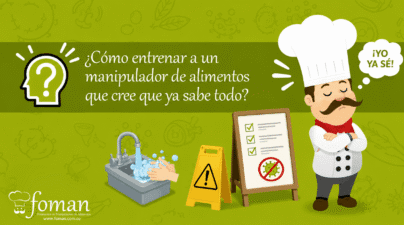 Ilustración sobre cómo entrenar a un manipulador de alimentos que cree que ya sabe todo, con elementos de capacitación e inocuidad alimentaria.