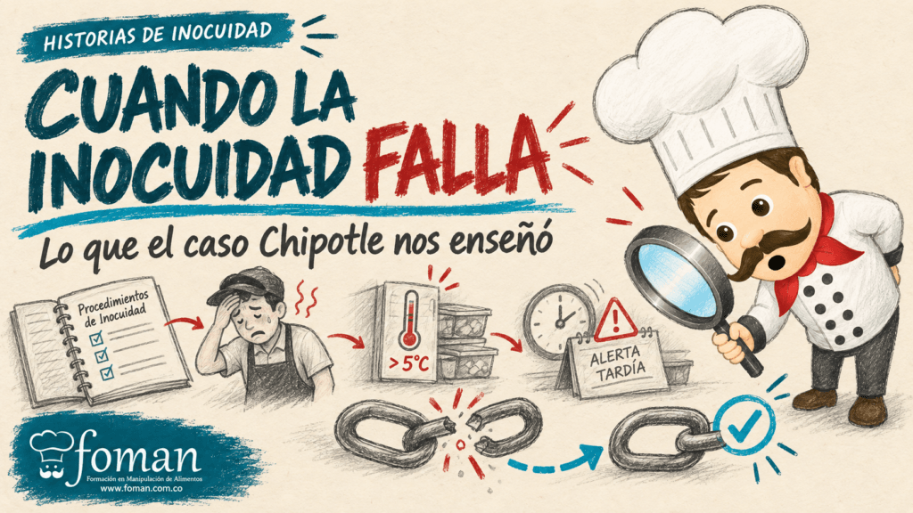 Ilustración del caso Chipotle: un chef investiga fallas en protocolos, temperatura y reporte oportuno de inocuidad.