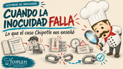 Ilustración del caso Chipotle: un chef investiga fallas en protocolos, temperatura y reporte oportuno de inocuidad.
